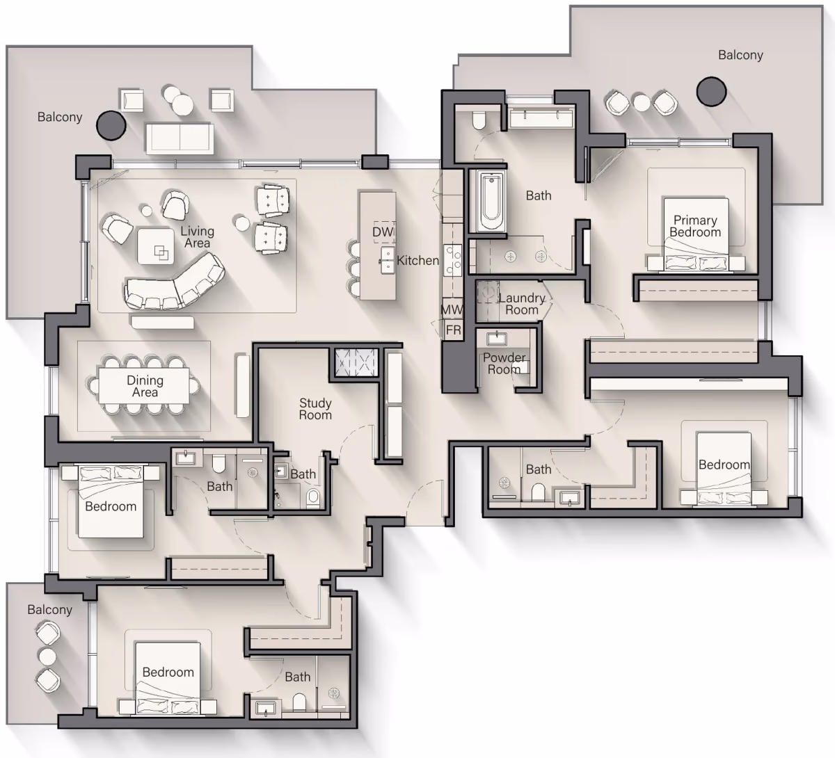 תוכנית 4 חדרי שינה · פנטהאוז · Penthouse Type B ב־נדל"ן להשקעה Ellington Playa Del Sol באזור Al Marjan Island, ראס אל ח'ימה