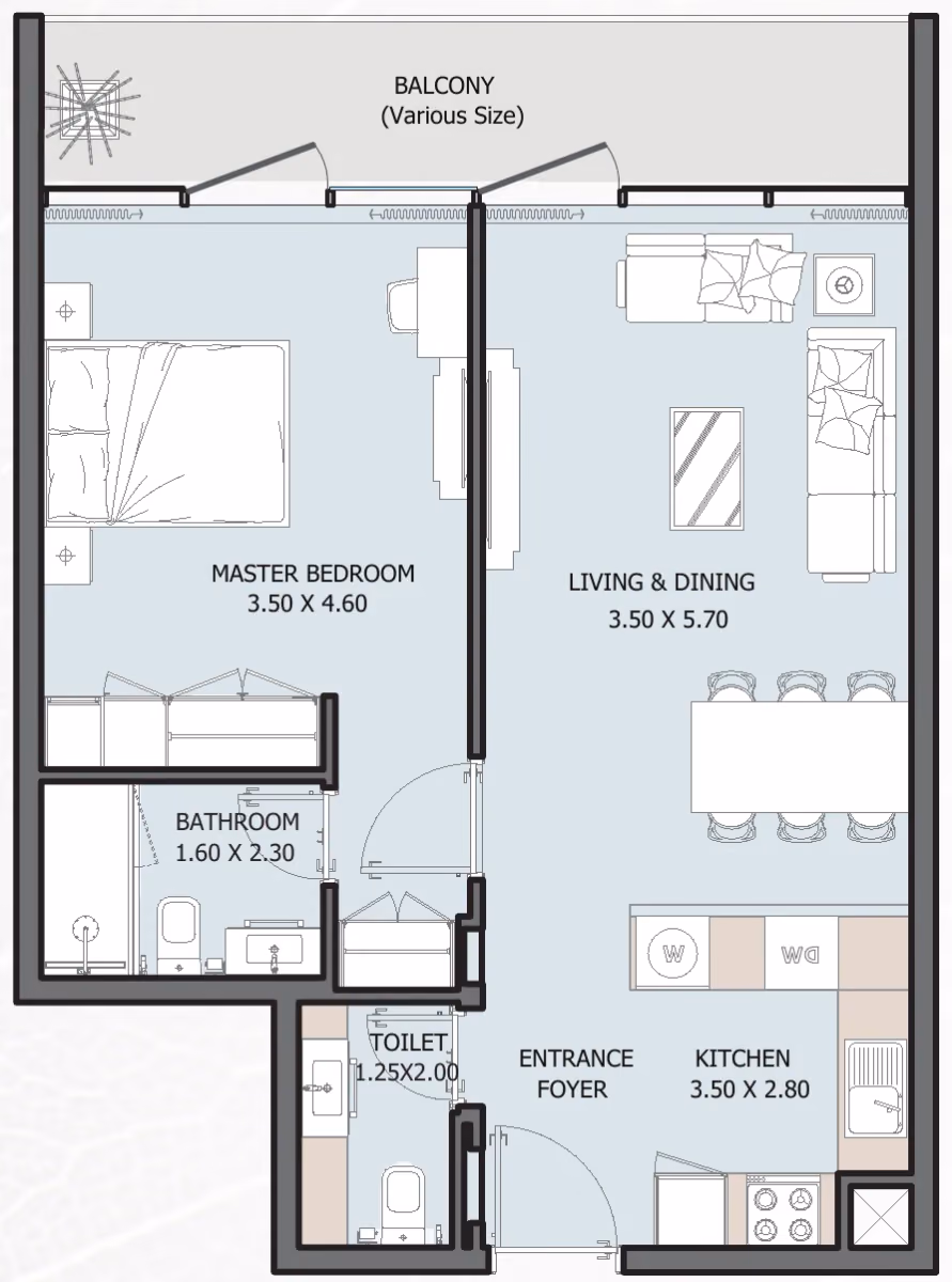 תוכנית חדר שינה אחד · Type A ב־נדל"ן Reportage Verdana 6 Residences בפארק ההשקעות של דובאי