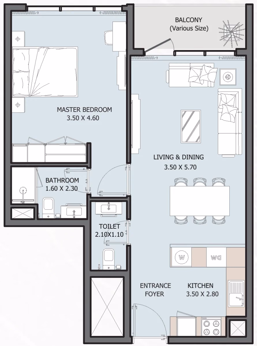 תוכנית חדר שינה אחד · Type B ב־נדל"ן Reportage Verdana 6 Residences בפארק ההשקעות של דובאי
