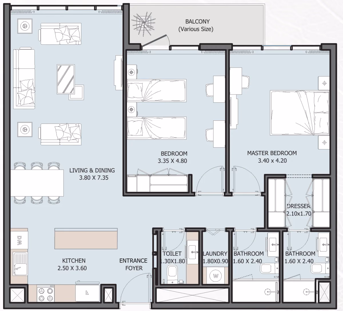תוכנית 2 חדרי שינה · Type D ב־נדל"ן Reportage Verdana 6 Residences בפארק ההשקעות של דובאי