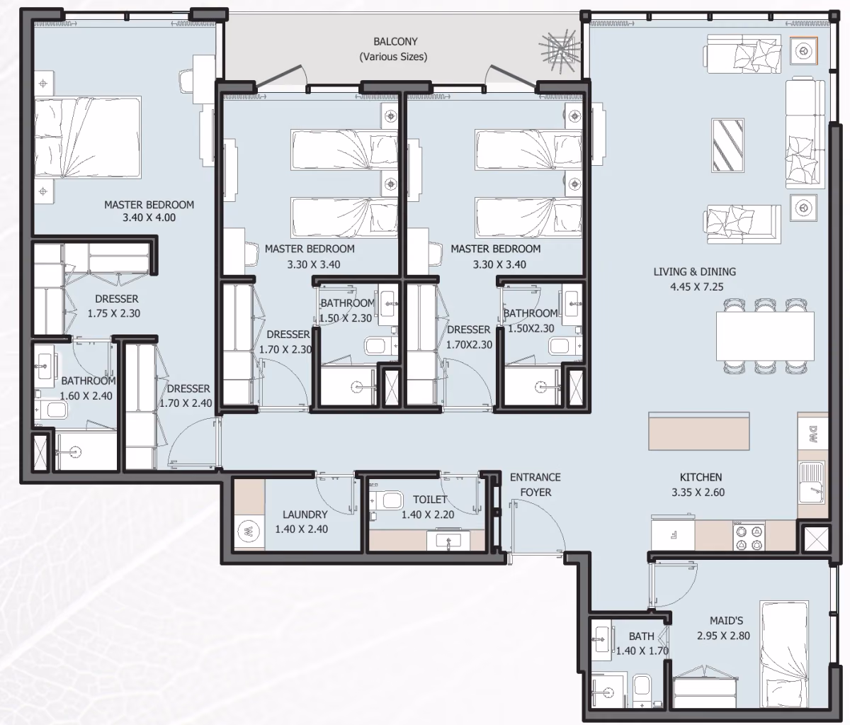 תוכנית 3 חדרי שינה · Type A ב־נדל"ן Reportage Verdana 6 Residences בפארק ההשקעות של דובאי