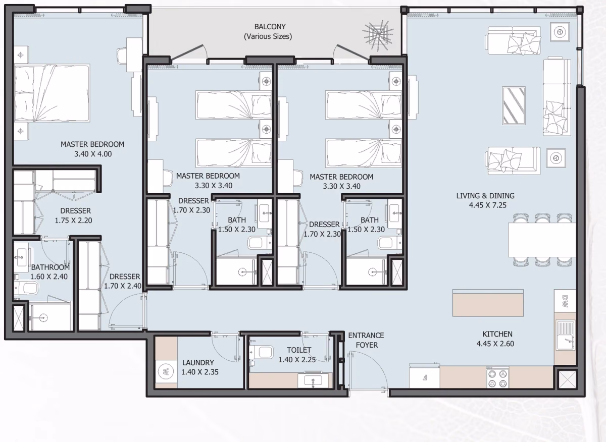 תוכנית 3 חדרי שינה · Type B ב־נדל"ן Reportage Verdana 6 Residences בפארק ההשקעות של דובאי