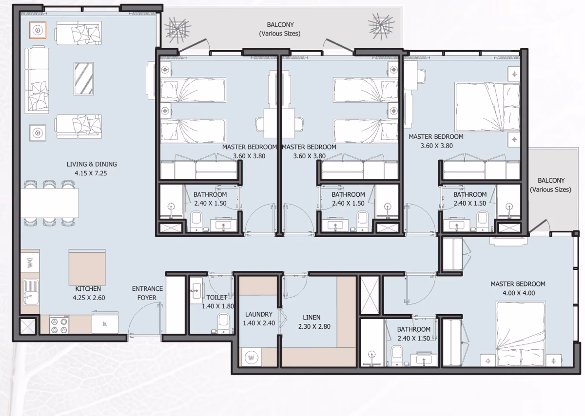 תוכנית 4 חדרי שינה · Type A ב־נדל"ן Reportage Verdana 6 Residences בפארק ההשקעות של דובאי