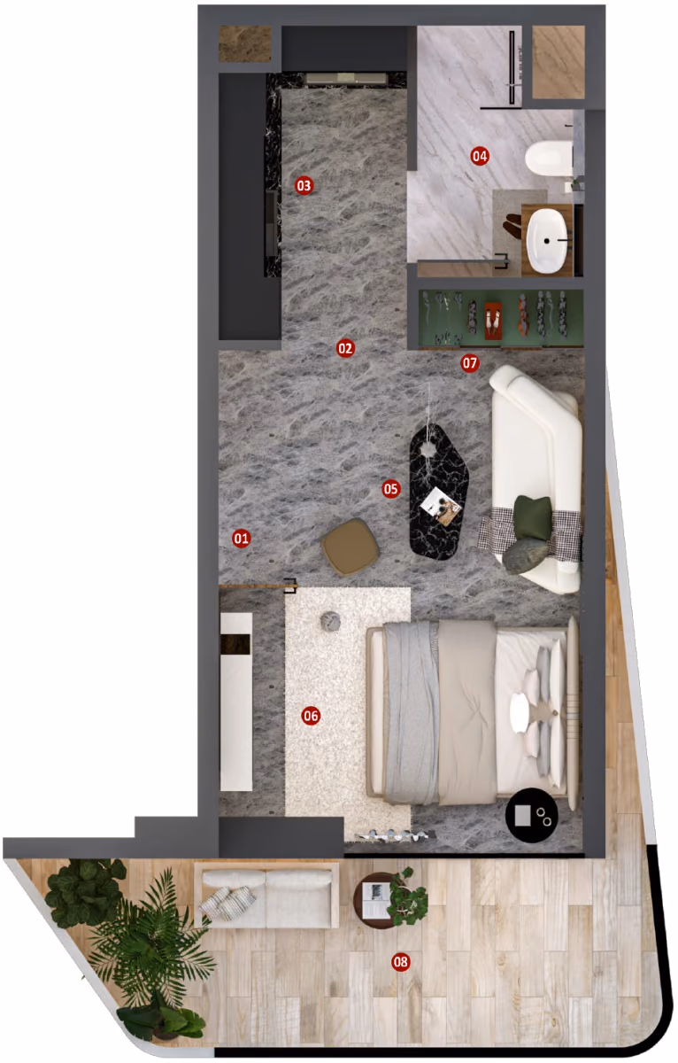 תוכנית סטודיו · Unit 01, floors 1, 3, 4 ב־נדל"ן להשקעה Élanora By Zoya, באזור Dubai Industrial City, דובאי