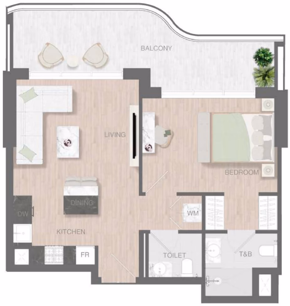 תוכנית חדר שינה אחד · Type 13 ב־נדל"ן להשקעה Object1 Alta View Skyhomes, באזור JVC, דובאי