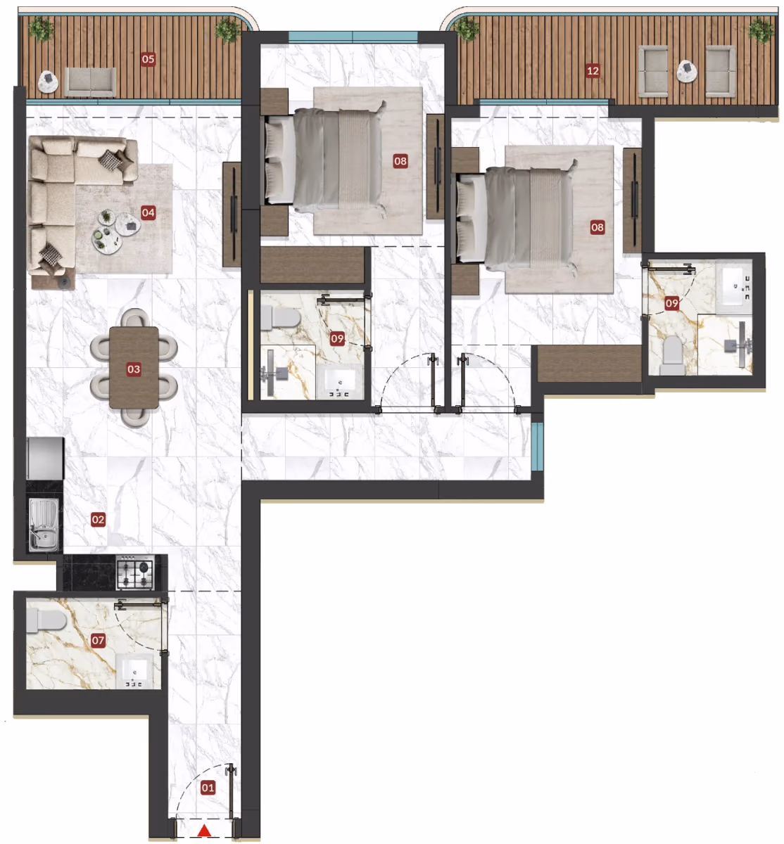 תוכנית 2 חדרי שינה · Unit 01 ב־נדל"ן להשקעה Miorah, באזור Dubai South, דובאי