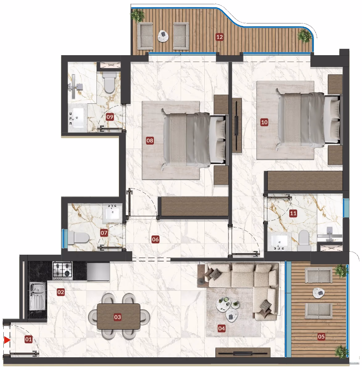 תוכנית 2 חדרי שינה · Unit 02 ב־נדל"ן להשקעה Miorah, באזור Dubai South, דובאי