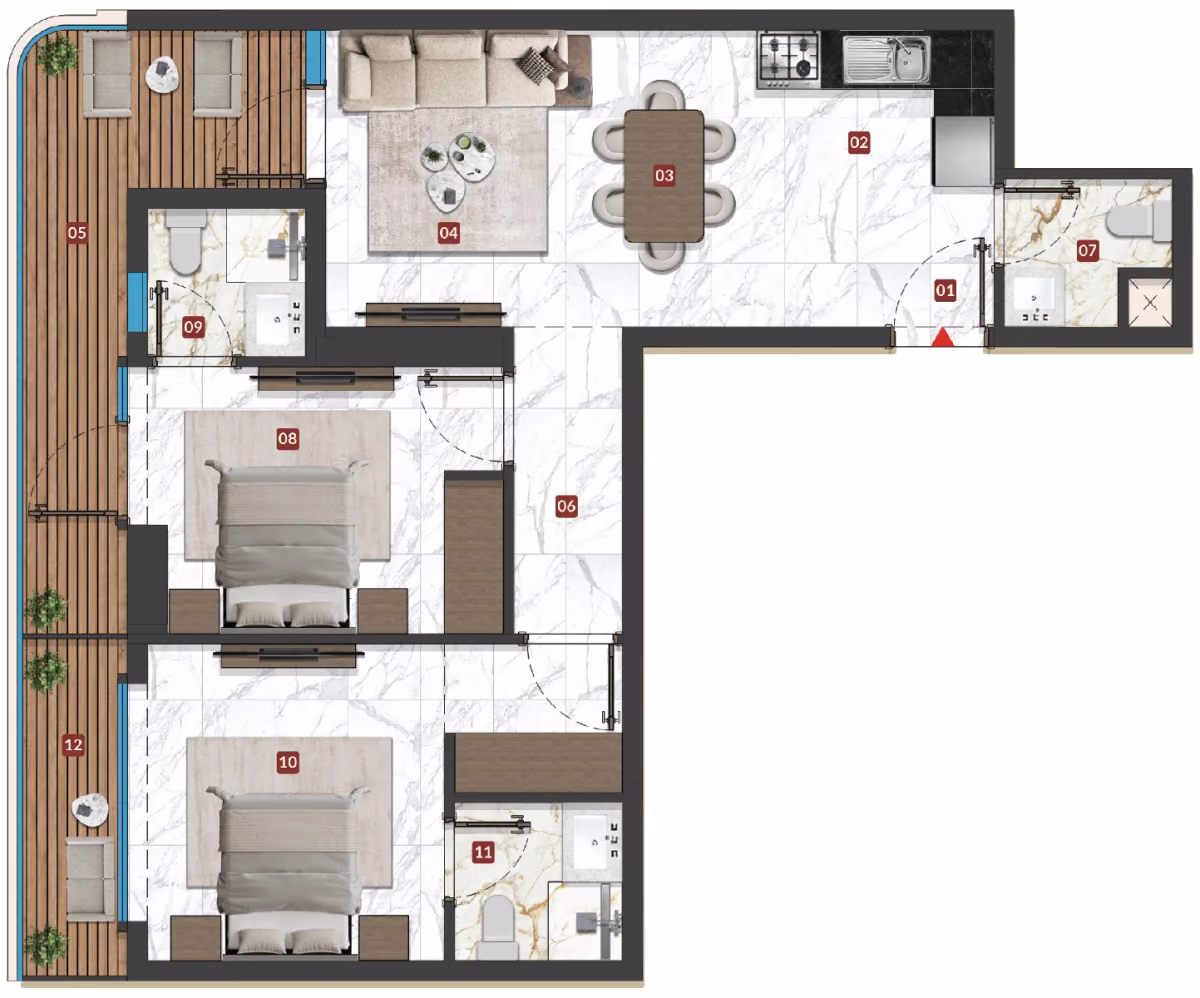 תוכנית 2 חדרי שינה · Unit 13 ב־נדל"ן להשקעה Miorah, באזור Dubai South, דובאי