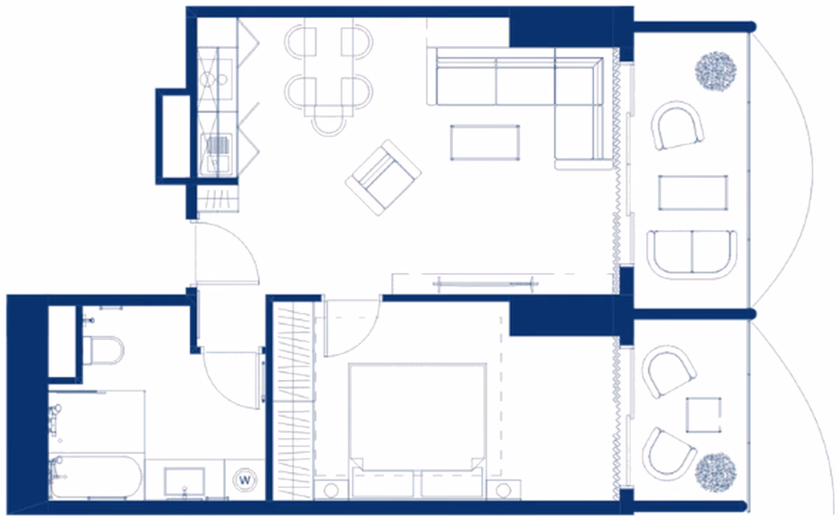 תוכנית חדר שינה אחד · Residence #13, #14, #27, #28 ב־Origami Island, אי אמבסדורי, בטומי