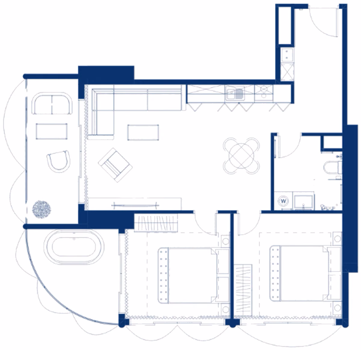 תוכנית 2 חדרי שינה · Residence #1, #12, #15, #26 ב־Origami Island, אי אמבסדורי, בטומי