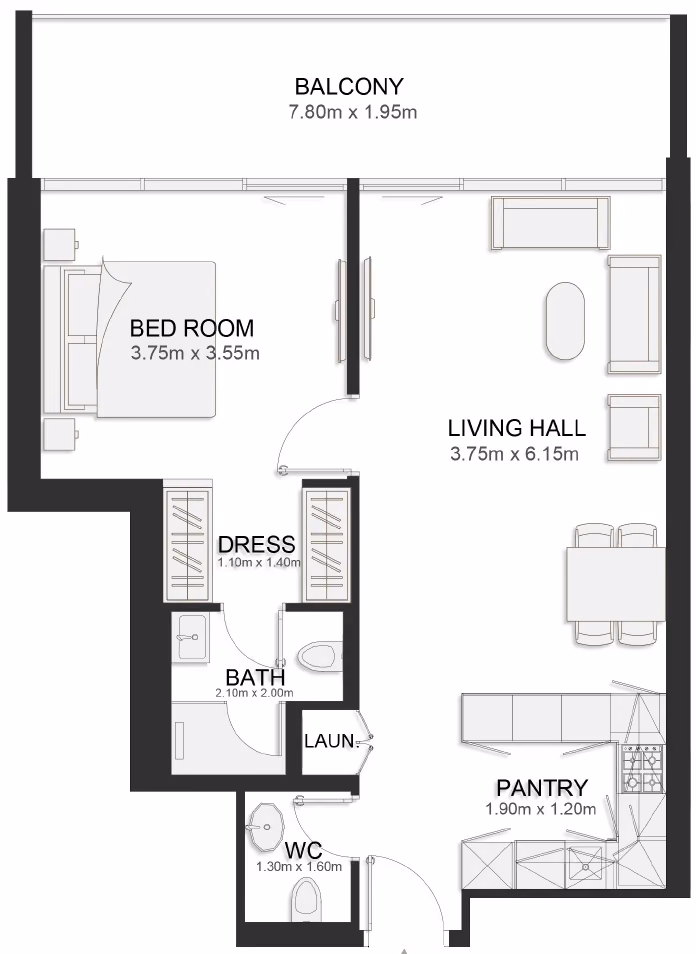 תוכנית חדר שינה אחד · Contemporary One Bedroom 13/14/31 ב־נדל"ן להשקעה TownX Ashley Hills, באזור Arjan, דובאי