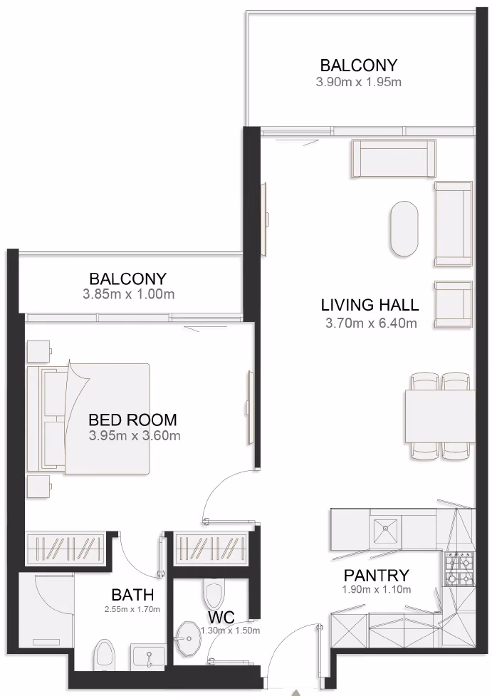 תוכנית חדר שינה אחד · Contemporary One Bedroom 15 ב־נדל"ן להשקעה TownX Ashley Hills, באזור Arjan, דובאי