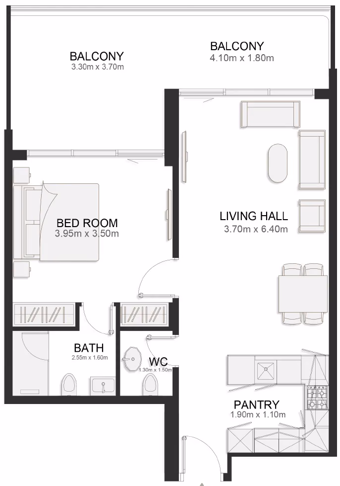 תוכנית חדר שינה אחד · Contemporary One Bedroom 23/24 ב־נדל"ן להשקעה TownX Ashley Hills, באזור Arjan, דובאי