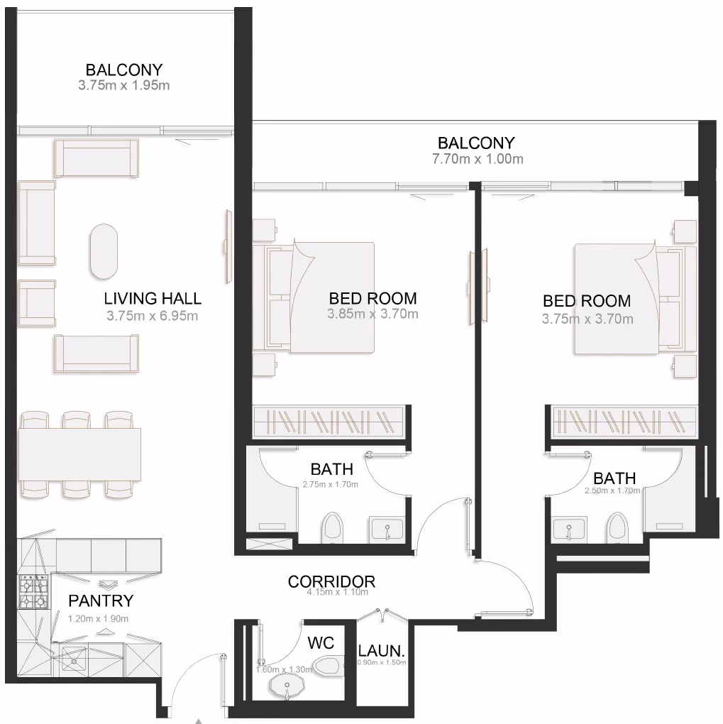 תוכנית 2 חדרי שינה · Executive Two Bedroom Residence 01 ב־נדל"ן להשקעה TownX Ashley Hills, באזור Arjan, דובאי