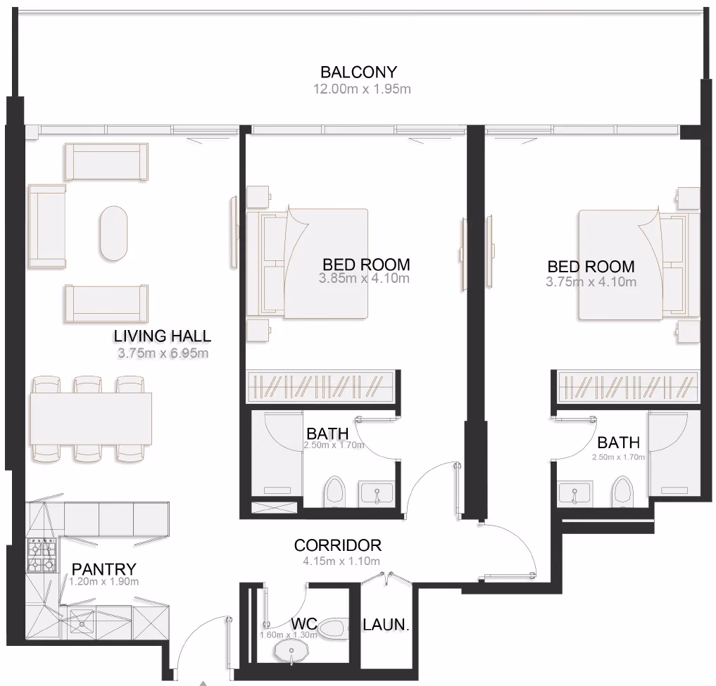 תוכנית 2 חדרי שינה · Executive Two Bedroom Residence 17/48 ב־נדל"ן להשקעה TownX Ashley Hills, באזור Arjan, דובאי
