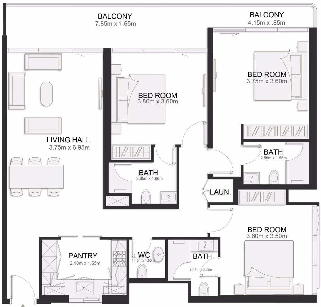 תוכנית 3 חדרי שינה · Executive Three Bedroom Residence ב־נדל"ן להשקעה TownX Ashley Hills, באזור Arjan, דובאי