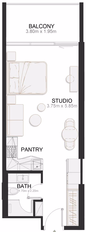 תוכנית סטודיו · Deluxe Studio ב־נדל"ן להשקעה TownX Ashley Hills, באזור Arjan, דובאי