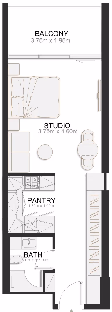 תוכנית סטודיו · Signature Studio ב־נדל"ן להשקעה TownX Ashley Hills, באזור Arjan, דובאי