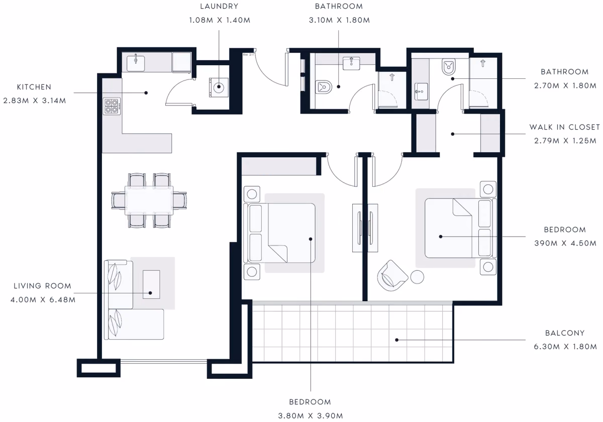 תוכנית 2 חדרי שינה · Type 3, 2nd to 9th Floor ב־נדל"ן להשקעה Azizi Central, באזור Al Furjan, דובאי