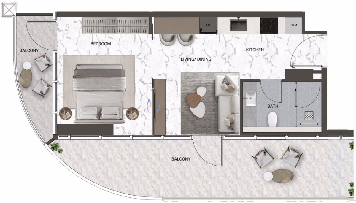 תוכנית חדר שינה אחד · Executive Suite Type 2 ב־נדל"ן להשקעה V-Suites by ANAX, באזור Business Bay, דובאי
