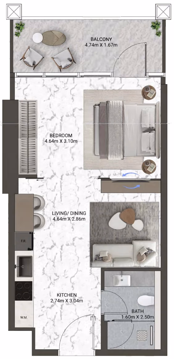תוכנית חדר שינה אחד · Executive Suite Type 3 ב־נדל"ן להשקעה V-Suites by ANAX, באזור Business Bay, דובאי