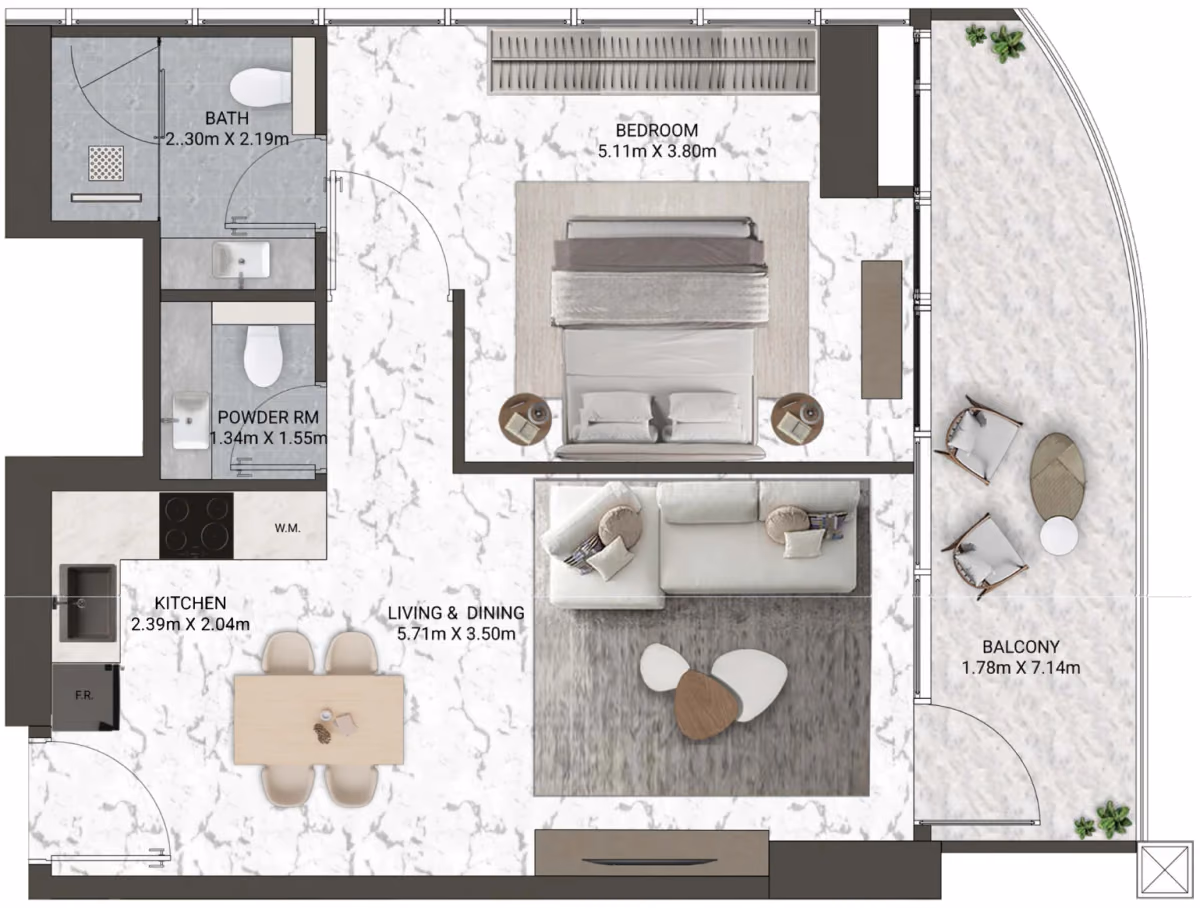 תוכנית חדר שינה אחד · Signature Suite Type 1 ב־נדל"ן להשקעה V-Suites by ANAX, באזור Business Bay, דובאי