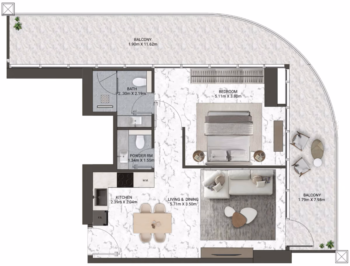 תוכנית חדר שינה אחד · Signature Suite Type 2 ב־נדל"ן להשקעה V-Suites by ANAX, באזור Business Bay, דובאי