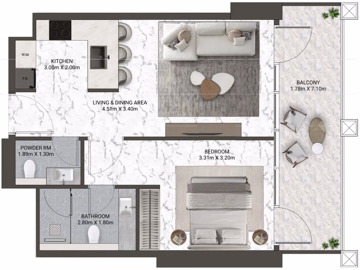 תוכנית חדר שינה אחד · Signature Suite Type 3 ב־נדל"ן להשקעה V-Suites by ANAX, באזור Business Bay, דובאי