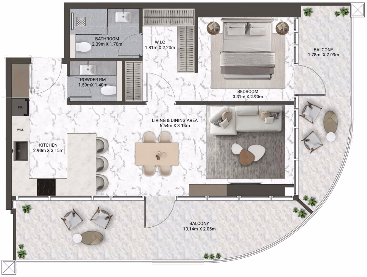 תוכנית חדר שינה אחד · Signature Suite Type 4 ב־נדל"ן להשקעה V-Suites by ANAX, באזור Business Bay, דובאי
