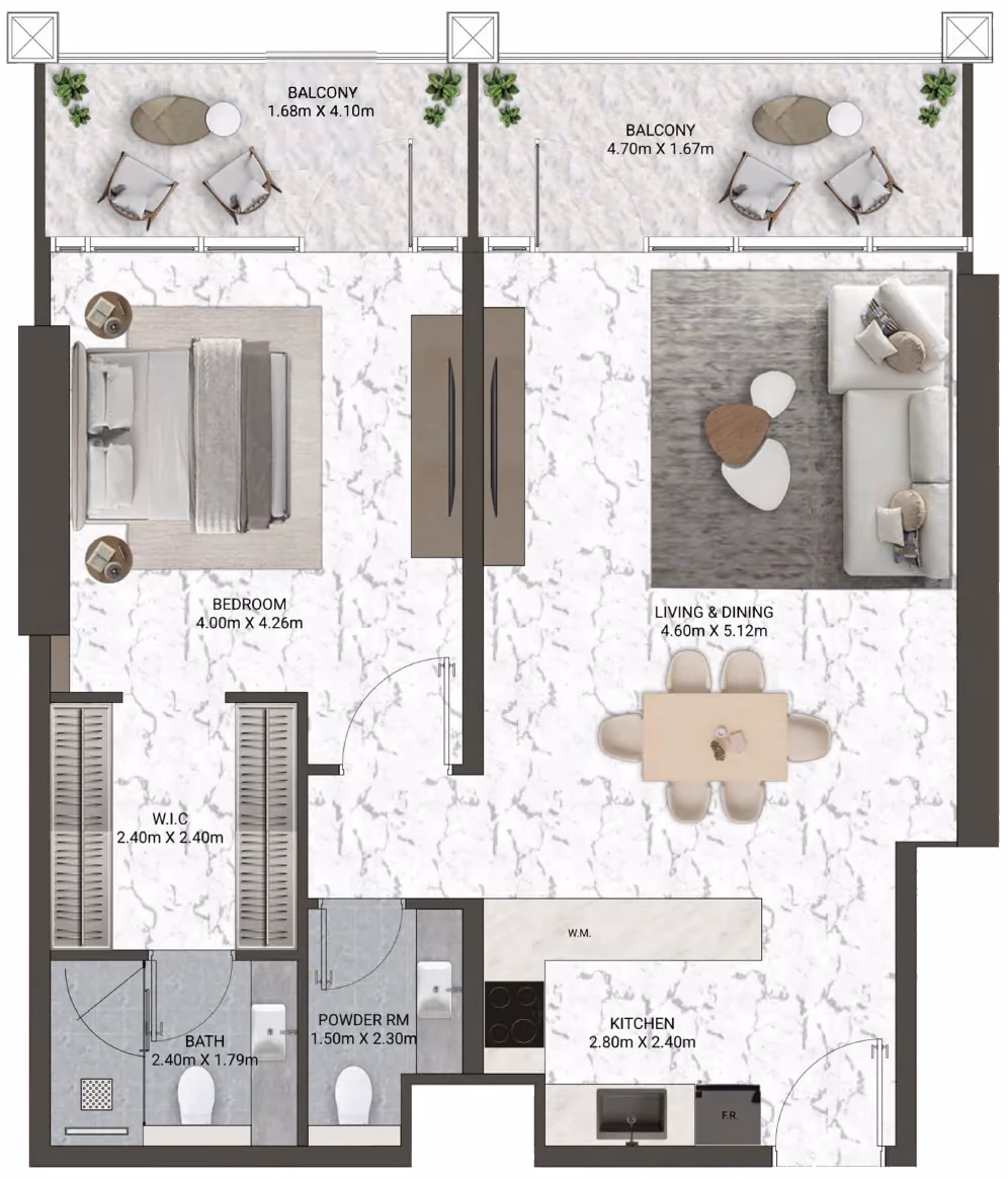תוכנית חדר שינה אחד · Signature Suite Type 5 ב־נדל"ן להשקעה V-Suites by ANAX, באזור Business Bay, דובאי