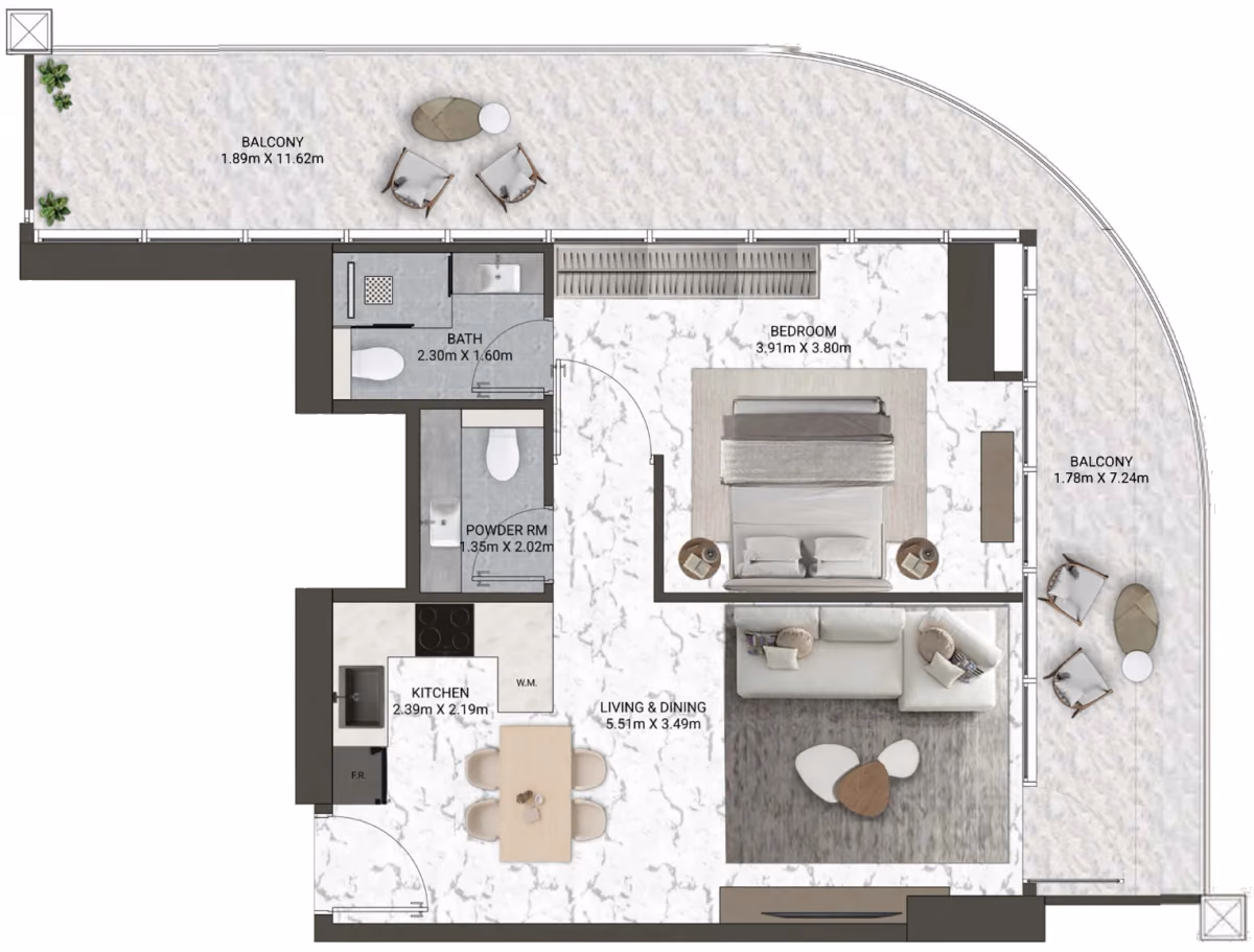 תוכנית חדר שינה אחד · Signature Suite Type 6 ב־נדל"ן להשקעה V-Suites by ANAX, באזור Business Bay, דובאי