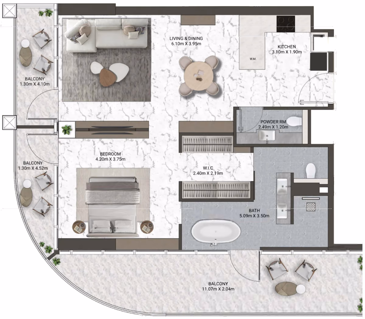 תוכנית חדר שינה אחד · Signature Suite Type 7 ב־נדל"ן להשקעה V-Suites by ANAX, באזור Business Bay, דובאי