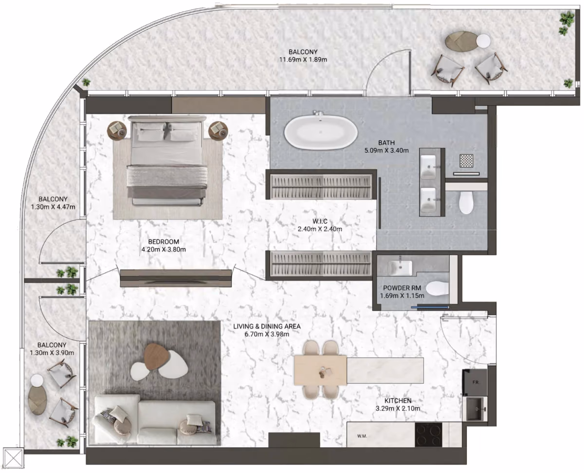 תוכנית חדר שינה אחד · Signature Suite Type 8 ב־נדל"ן להשקעה V-Suites by ANAX, באזור Business Bay, דובאי