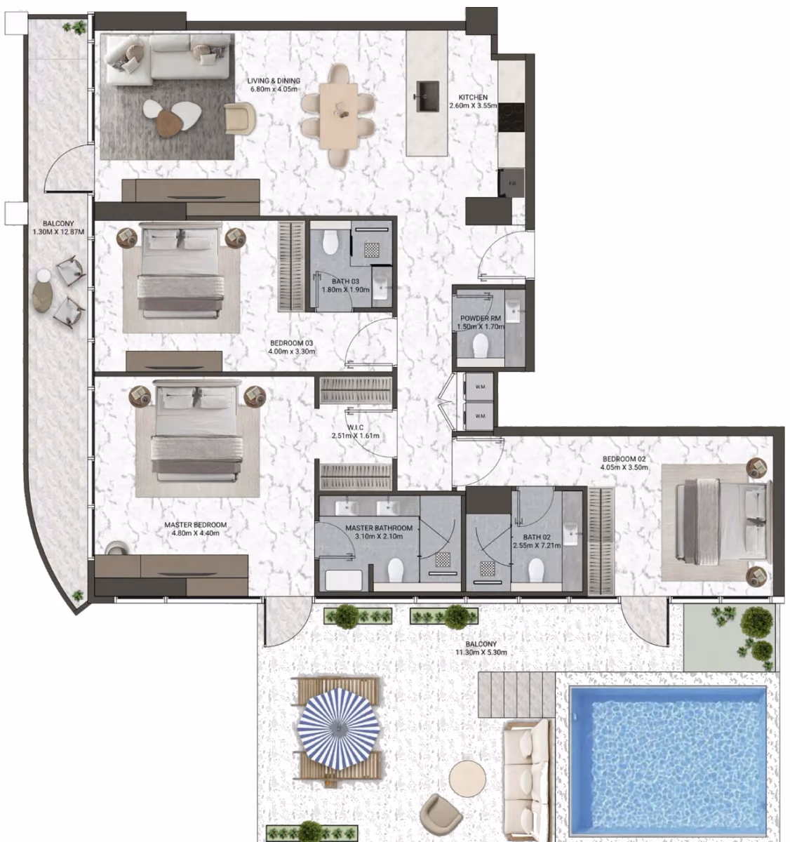 תוכנית 3 חדרי שינה · Sterling Suite Type 1 ב־נדל"ן להשקעה V-Suites by ANAX, באזור Business Bay, דובאי