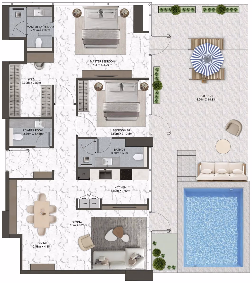 תוכנית 2 חדרי שינה · Sterling Suite Type 2 ב־נדל"ן להשקעה V-Suites by ANAX, באזור Business Bay, דובאי