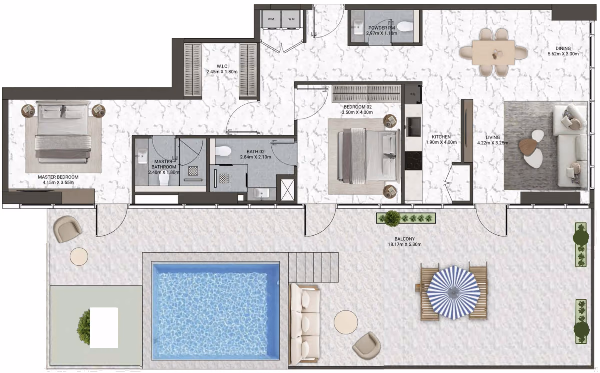 תוכנית 2 חדרי שינה · The Villa ב־נדל"ן להשקעה V-Suites by ANAX, באזור Business Bay, דובאי
