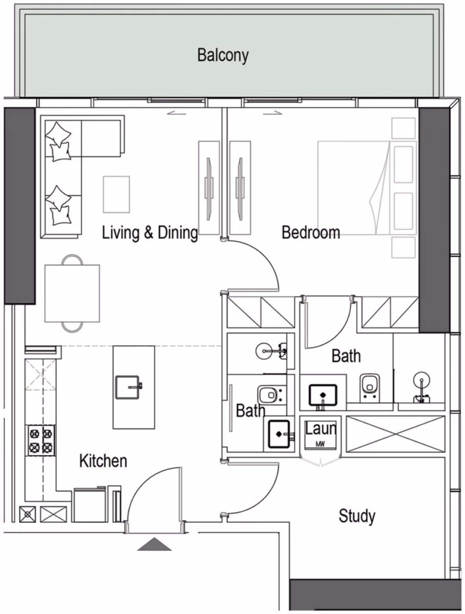 תוכנית חדר שינה אחד · Typical 1 Bed with Study ב־נדל"ן להשקעה Iman Sierra, באזור Motor City, דובאי