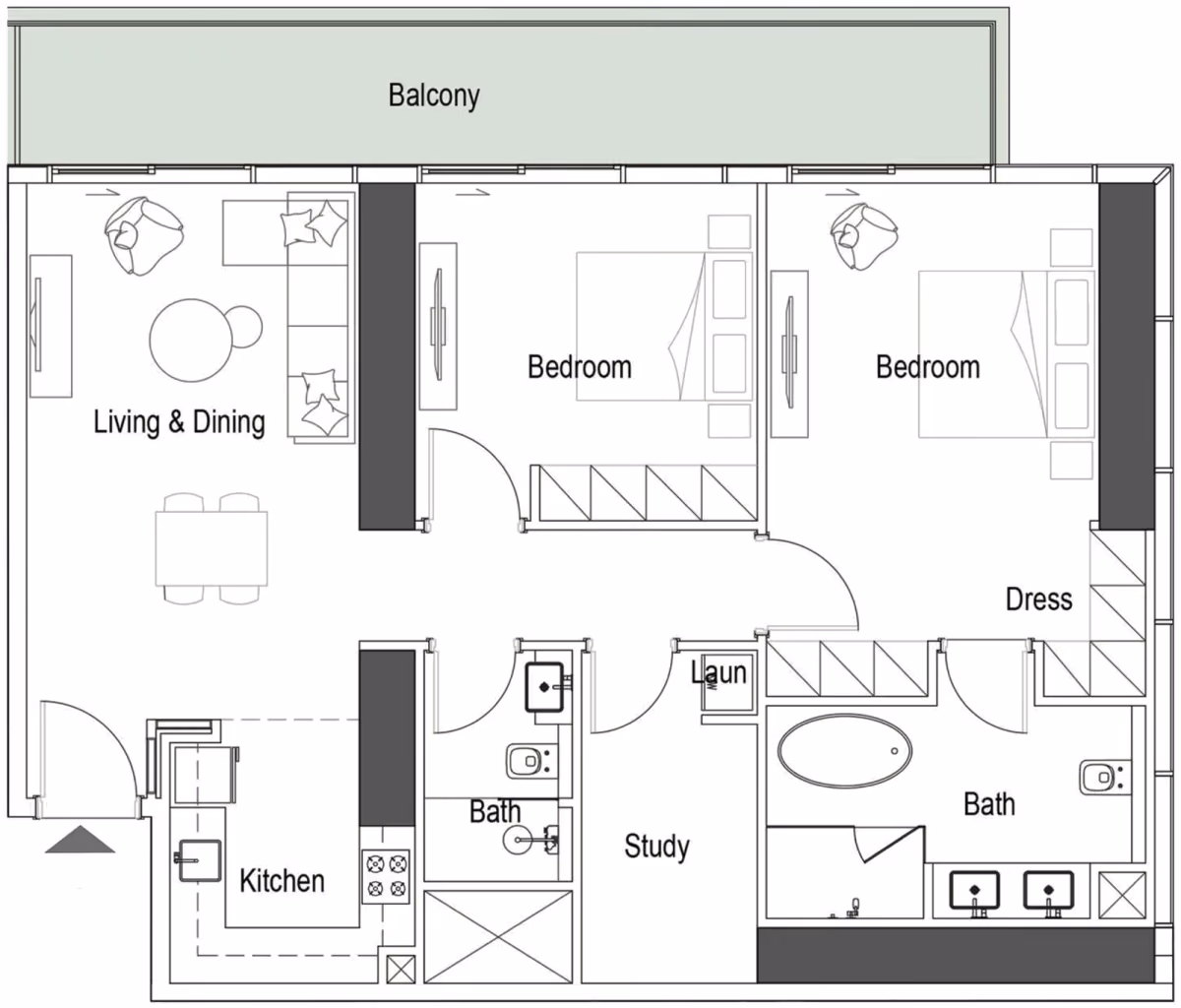 תוכנית 2 חדרי שינה · Typical 2 Bed with Study ב־נדל"ן להשקעה Iman Sierra, באזור Motor City, דובאי