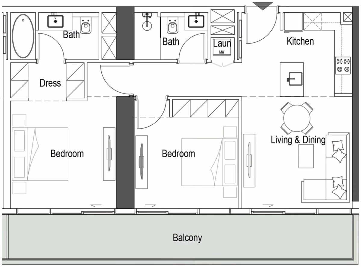 תוכנית 2 חדרי שינה · Typical 2 Bed ב־נדל"ן להשקעה Iman Sierra, באזור Motor City, דובאי