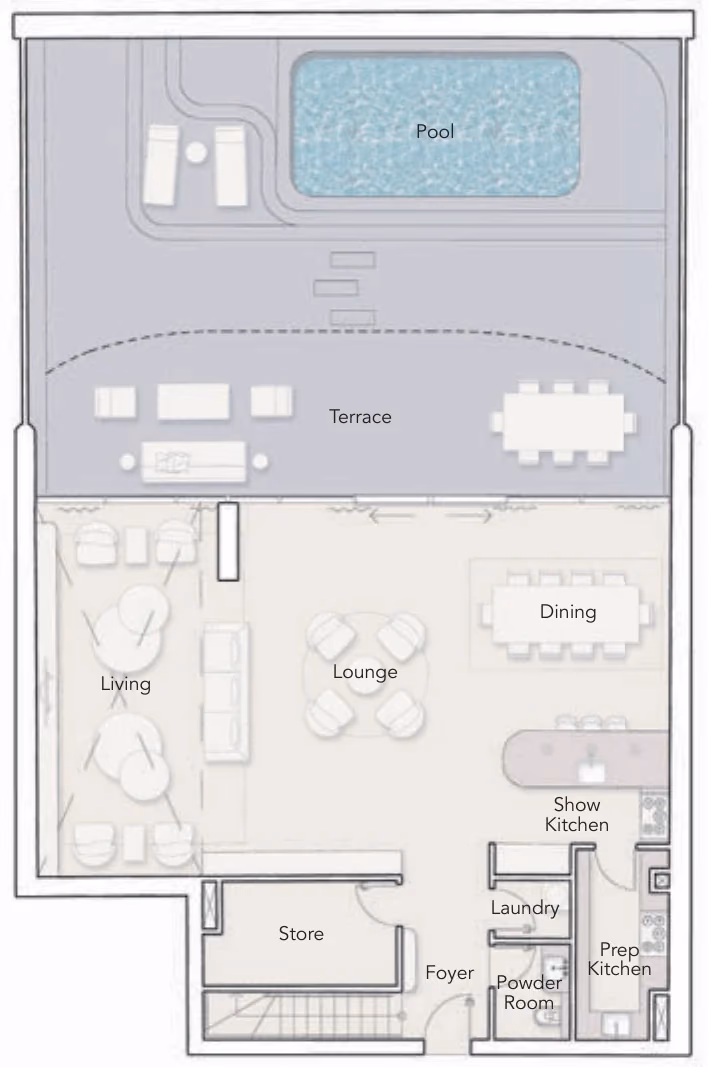 תוכנית 2 חדרי שינה · דופלקס ב־נדל"ן יוקרתי Ellington Ocean House באי הדקל, דובאי (קומת קרקע)