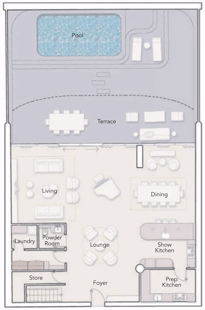 תוכנית 3 חדרי שינה · דופלקס ב־נדל"ן יוקרתי Ellington Ocean House באי הדקל, דובאי (קומת קרקע)