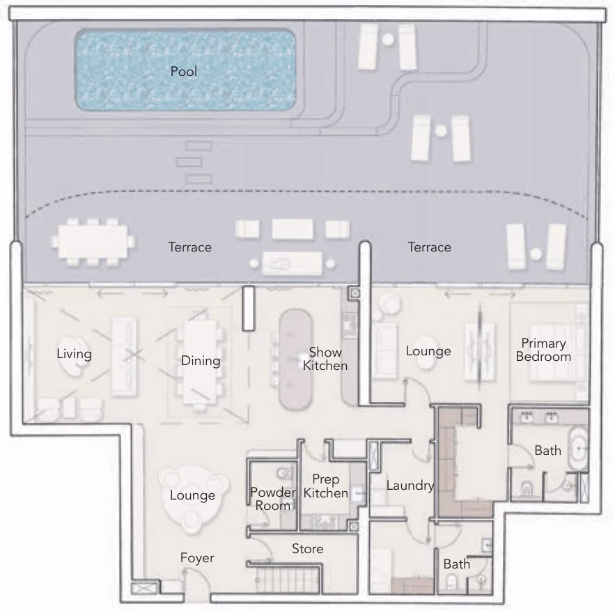 תוכנית 4 חדרי שינה · דופלקס ב־נדל"ן יוקרתי Ellington Ocean House באי הדקל, דובאי (קומת קרקע)
