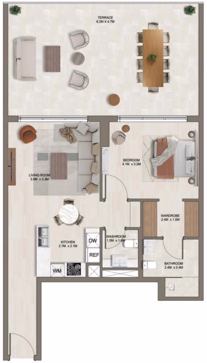 תוכנית חדר שינה אחד · B (1st floor) ב־דירות על הנייר להשקעה Ghaff Land Residence בסטודיו סיטי, דובאי