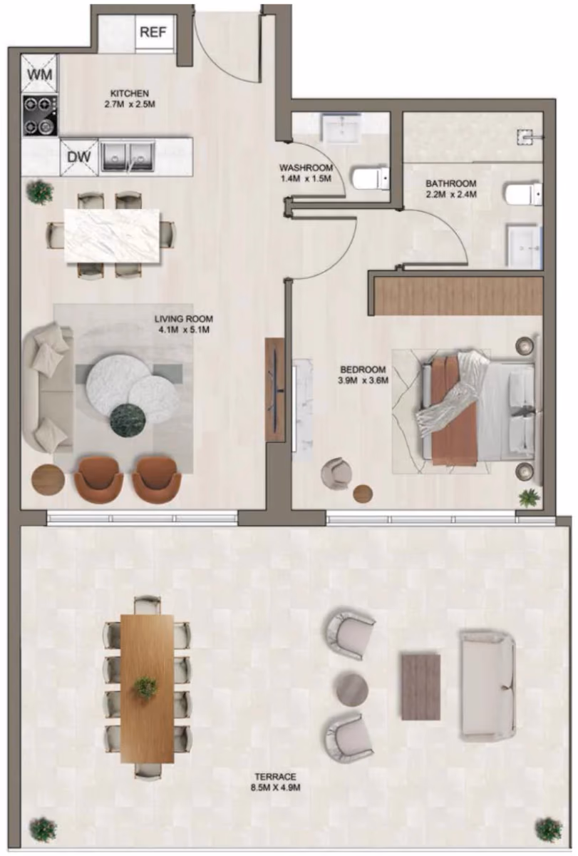 תוכנית חדר שינה אחד · C (1st floor) ב־דירות על הנייר להשקעה Ghaff Land Residence בסטודיו סיטי, דובאי