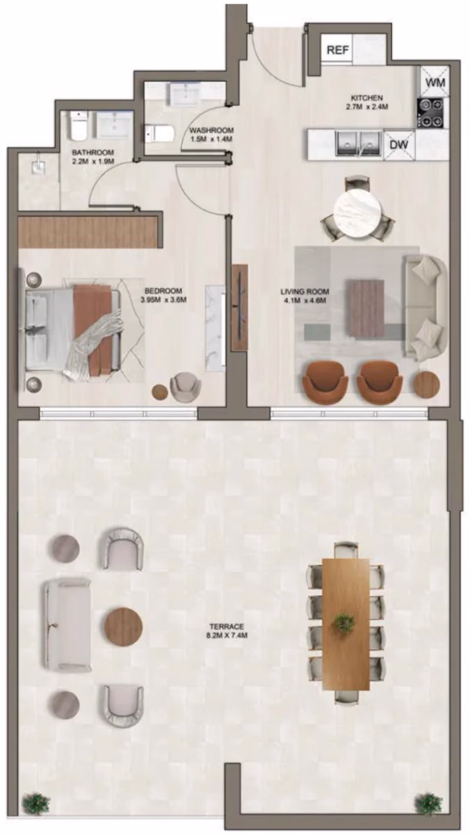 תוכנית חדר שינה אחד · D (1st floor) ב־דירות על הנייר להשקעה Ghaff Land Residence בסטודיו סיטי, דובאי