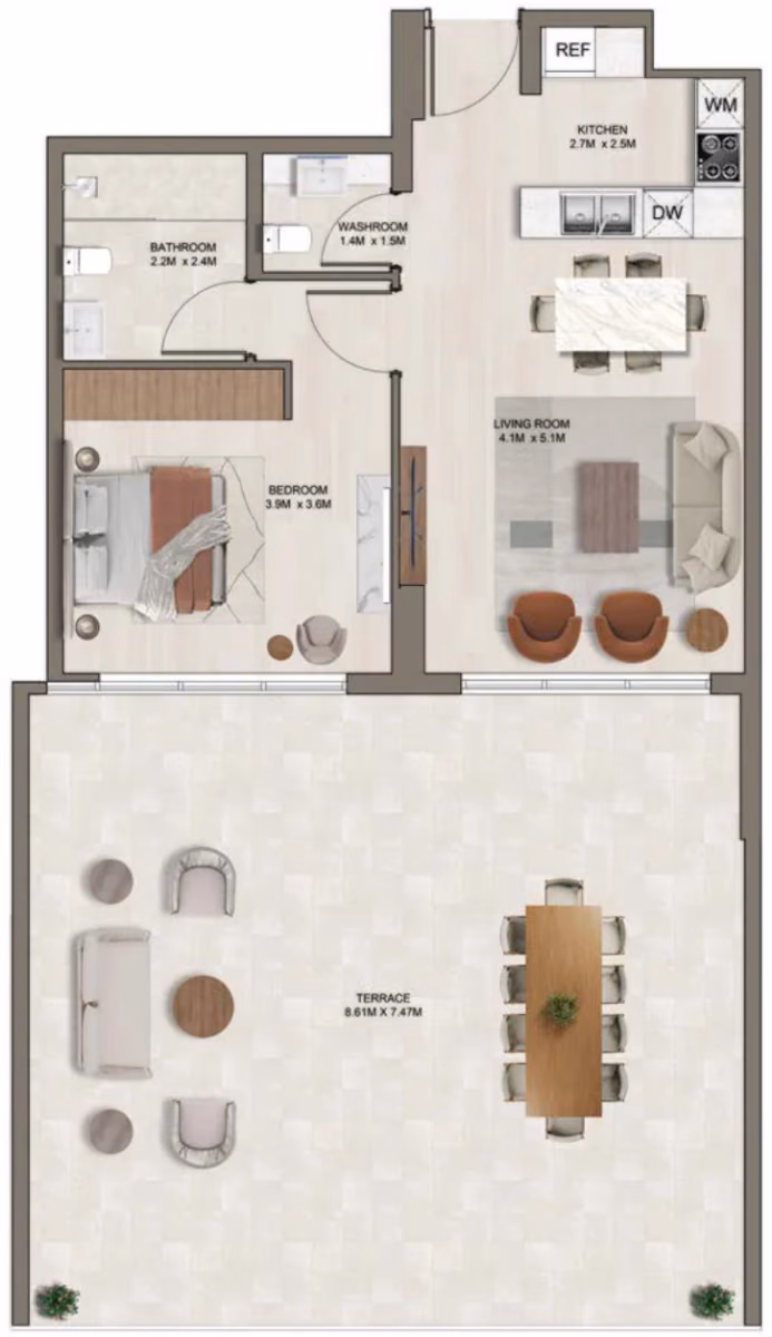 תוכנית חדר שינה אחד · E (1st floor) ב־דירות על הנייר להשקעה Ghaff Land Residence בסטודיו סיטי, דובאי