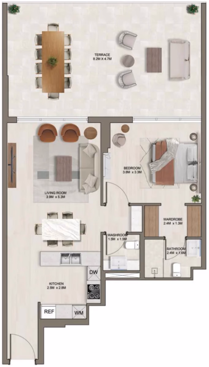תוכנית חדר שינה אחד · F (1st floor) ב־דירות על הנייר להשקעה Ghaff Land Residence בסטודיו סיטי, דובאי