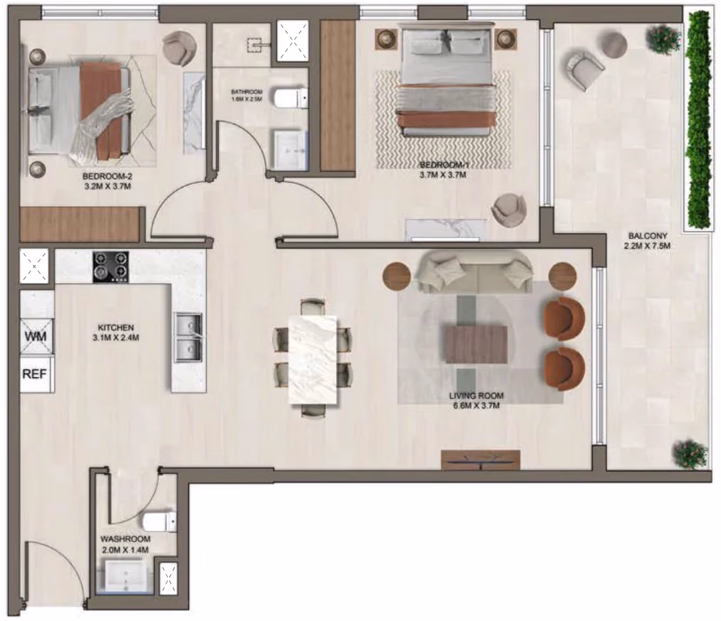 תוכנית 2 חדרי שינה · A ב־דירות על הנייר להשקעה Ghaff Land Residence בסטודיו סיטי, דובאי