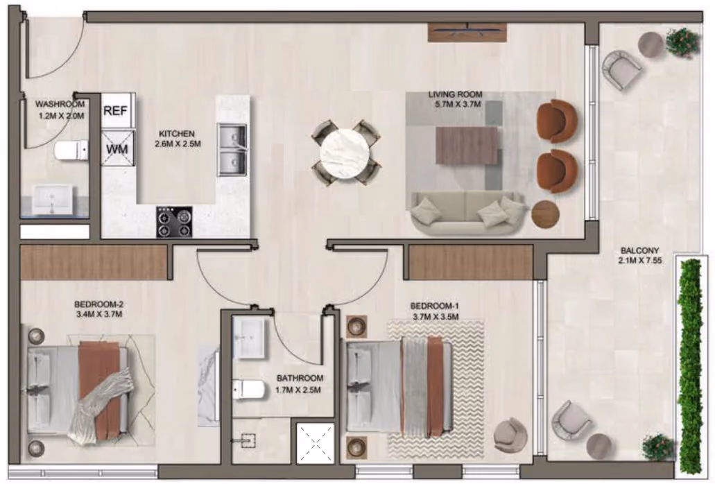 תוכנית 2 חדרי שינה · B ב־דירות על הנייר להשקעה Ghaff Land Residence בסטודיו סיטי, דובאי