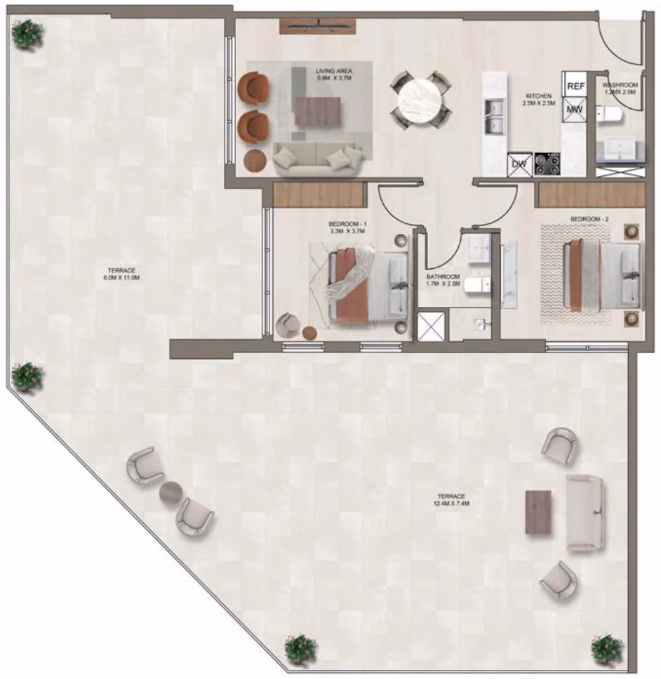 תוכנית 2 חדרי שינה · C (1st floor) ב־דירות על הנייר להשקעה Ghaff Land Residence בסטודיו סיטי, דובאי